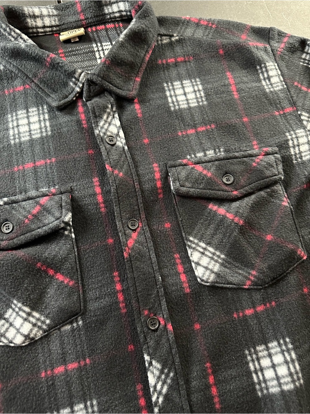 Open Trails Black Plaid Button-Down Fleece Shirt with Red & White Accents